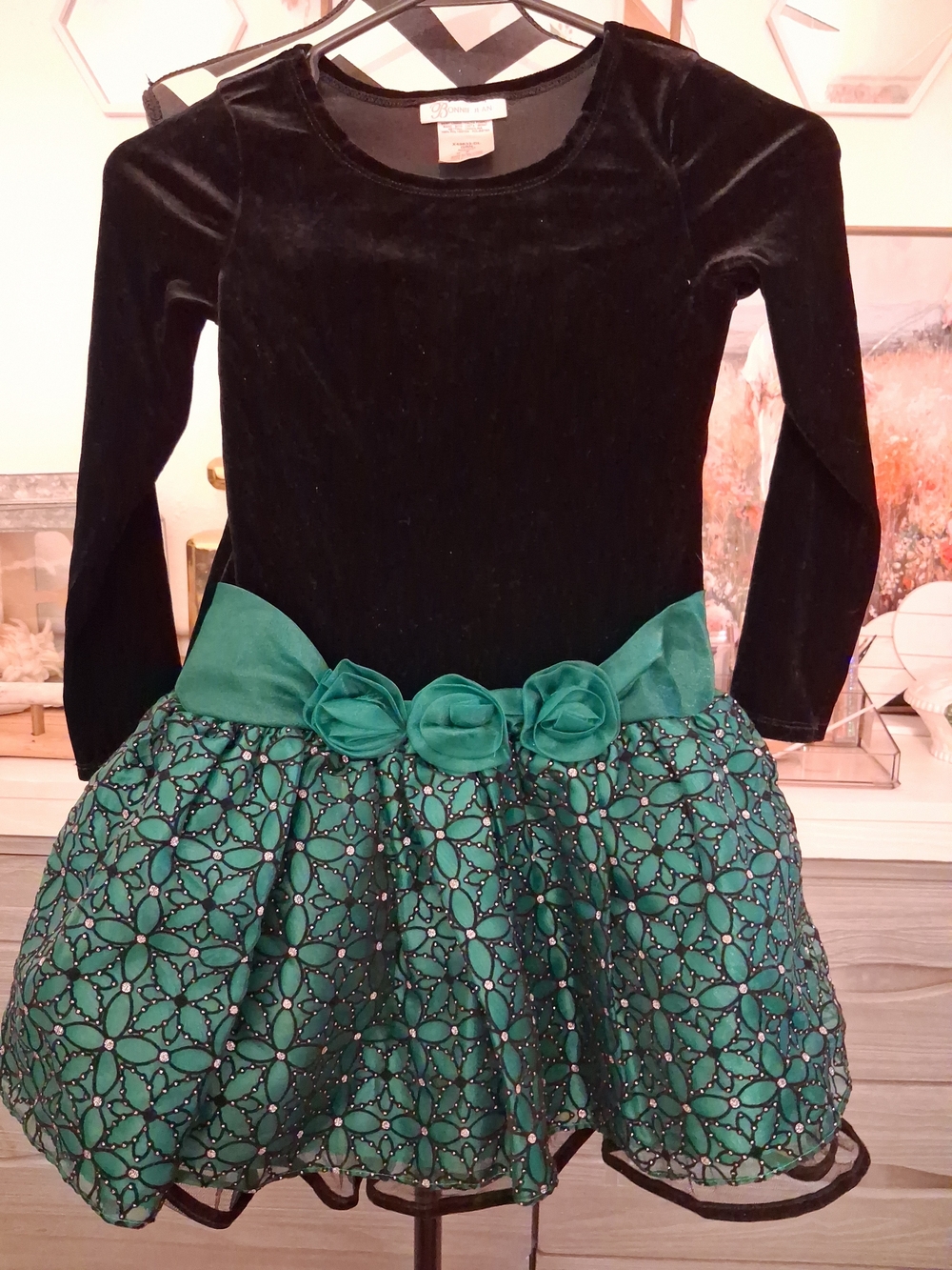 Bonnie Jean Black Velvet Top with Green Floral Tulle Skirt